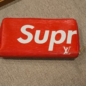 L V Red and White Zip Wallet